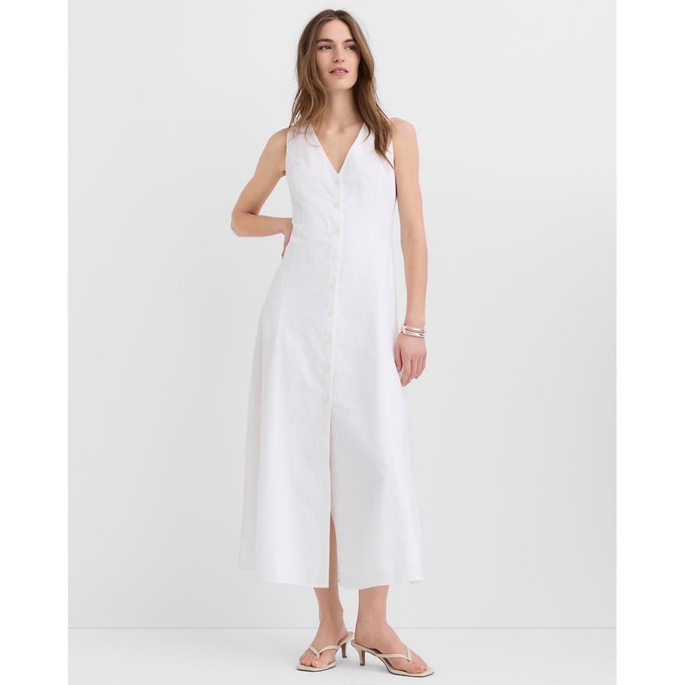 NWT LOFT Linen Cotton Vest Midi Dress M White 770280 Button Front